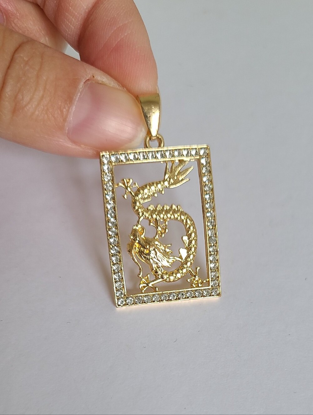 Gold Tone Square Micro Pave CZ Rhinestone Dragon Chinese Zodiac Charm Pendant